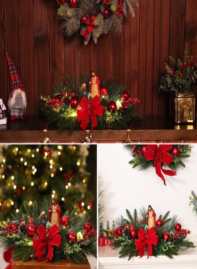 MOONET Christmas Table Centerpiece with LED Lights, Christmas Decoration with Red Jesus Pine Needle Ornament, Red Berry, Balls for Holiday Party, Home - Image 5